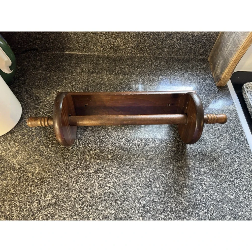 Vintage dark brown solid wood wall mount paper towel holder rolling pin shaped